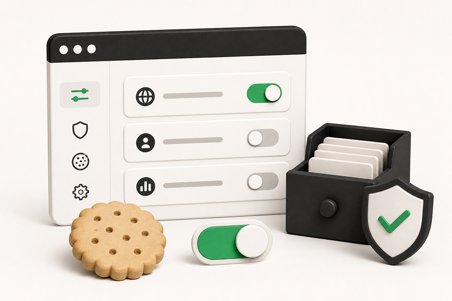 Browser privacy controls shown beside a simple storage checklist
