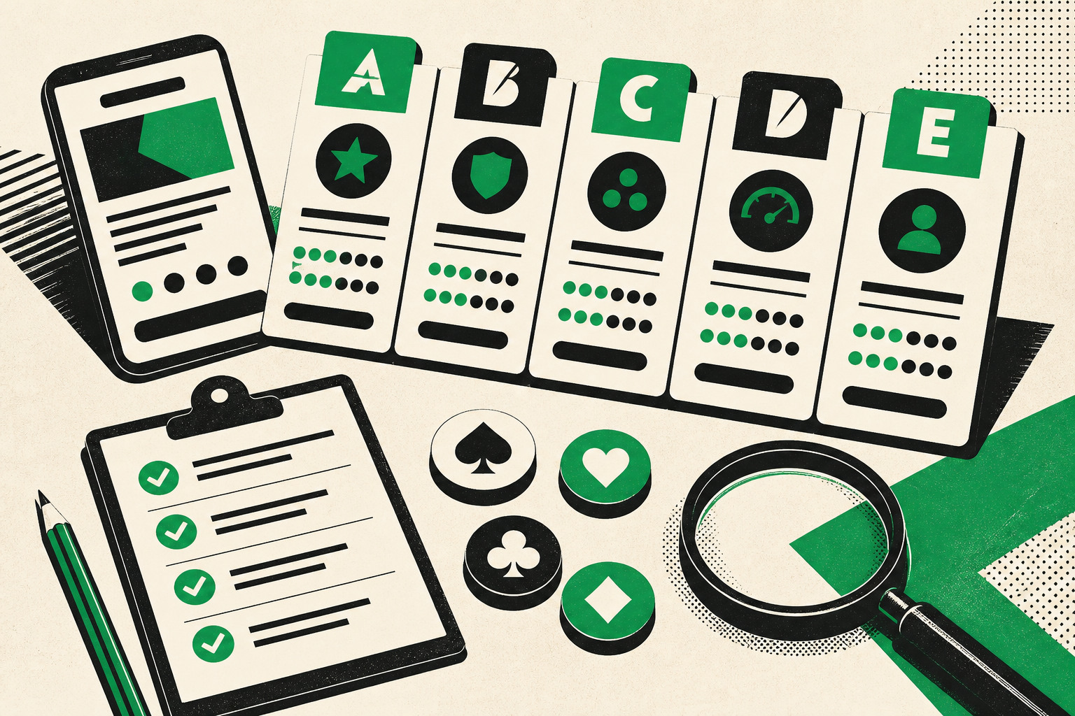 Five smartphones arranged beside a printed casino app comparison sheet