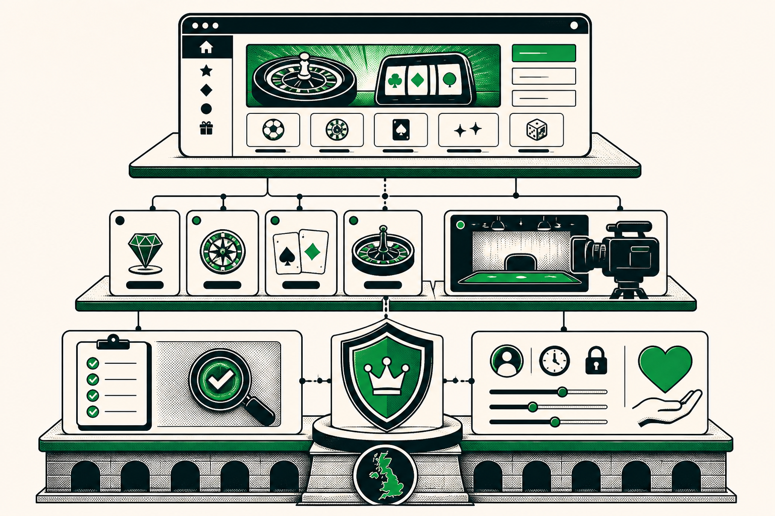 Layered cards labelled operator, platform and game studio beside a smartphone