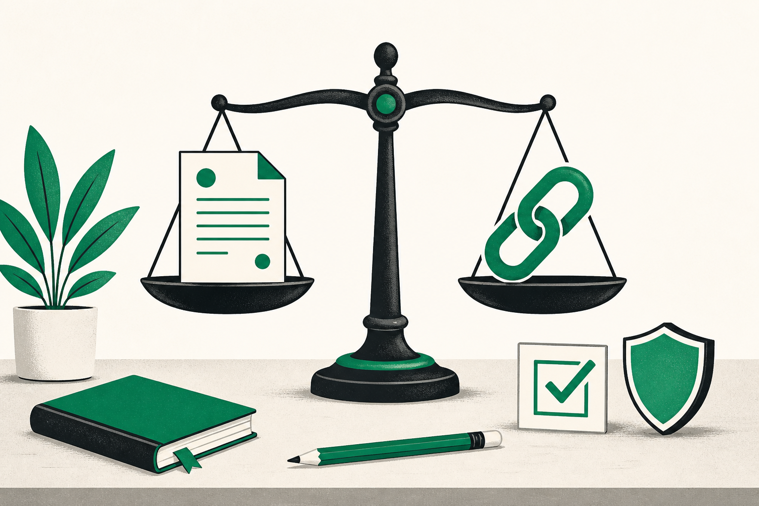 Printed terms document beside a small balance scale